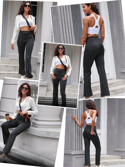 Womens Yoga Pants Flare Legging with Pockets Bootcut High Waist Lightweight Bottoms Workout Activewear Dark Red M