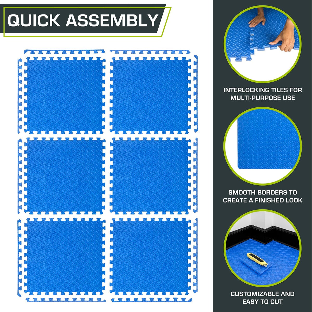 fit Exercise Puzzle Mat ½-Inch, EVA Interlocking Foam Floor Tiles for Home Gym, Workout Equipment, Kids Play Areas, Blue, 24 SQ FT - 6 Tiles