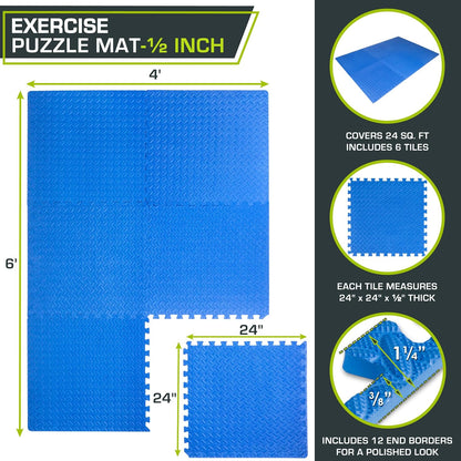 fit Exercise Puzzle Mat ½-Inch, EVA Interlocking Foam Floor Tiles for Home Gym, Workout Equipment, Kids Play Areas, Blue, 24 SQ FT - 6 Tiles