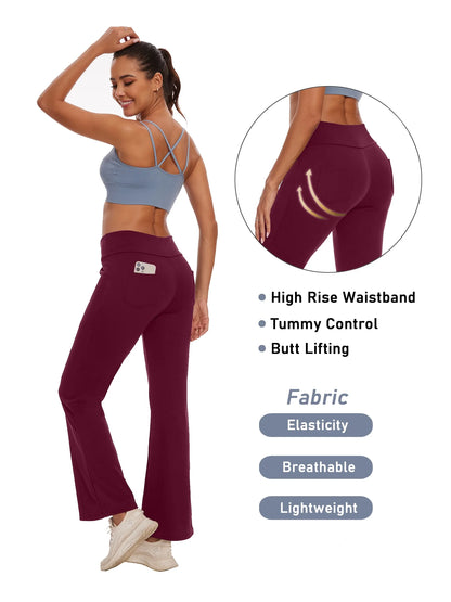 Womens Yoga Pants Flare Legging with Pockets Bootcut High Waist Lightweight Bottoms Workout Activewear Dark Red M