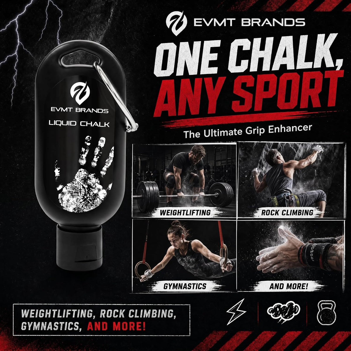 Liquid Chalk, Mess Free Gym Chalk for Weightlifting, Gymnastics, Rock Climbing, Dancing. Sweat Resistant and Long Lasting for Stronger Grip.