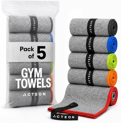 Microfiber Gym Towels 5 Pack, Quick Dry Silver ION Odor-Free Sweat Towel, Super Absorbent Fast Drying for Men & Women, Workout, Yoga, Running, Hiking, Travel – 16X30.5 Inch