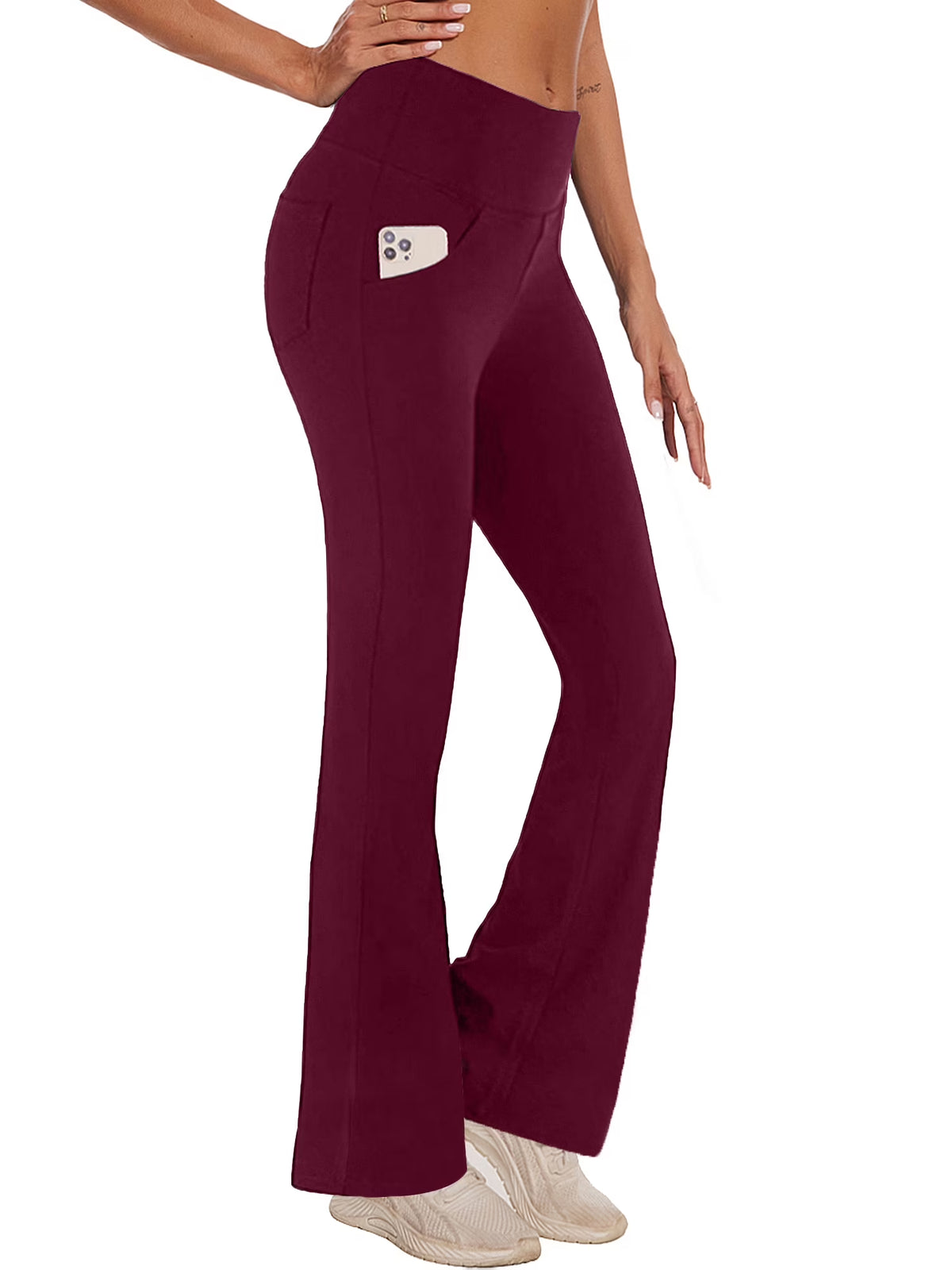Womens Yoga Pants Flare Legging with Pockets Bootcut High Waist Lightweight Bottoms Workout Activewear Dark Red M